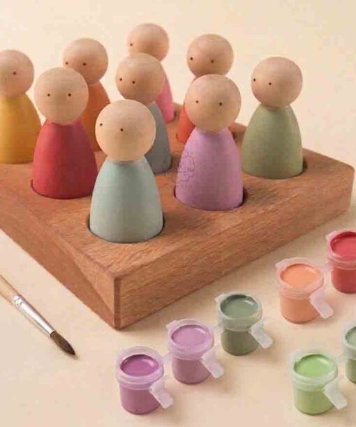 Diy Waldorf Montessori Peg Dolls Color Sorter with paint and brush