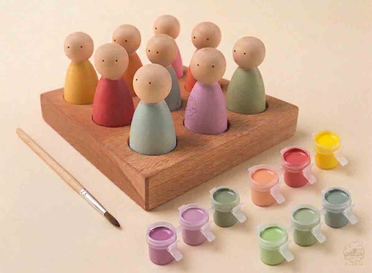 Diy Waldorf Montessori Peg Dolls Color Sorter with paint and brush